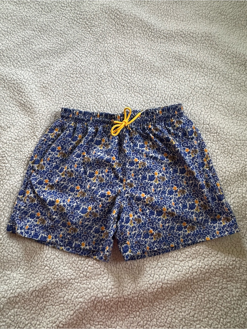 Strawberry Milk Mob Blue Swim Shorts with Yellow Drawstring